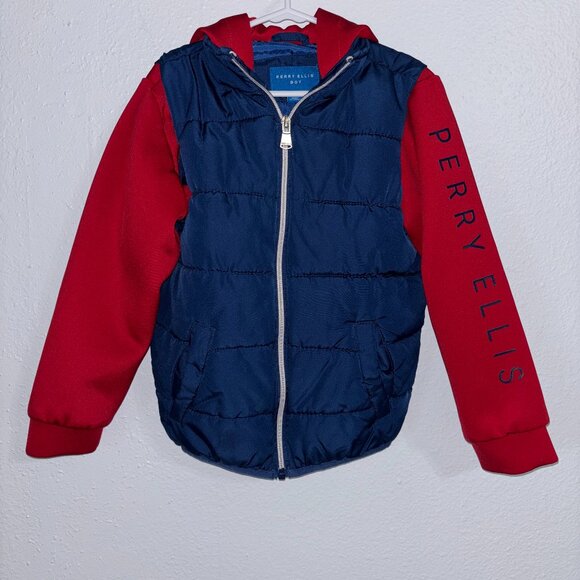 Perry Ellis Boy Hybrid Puffer Vest Jacket Hoodie Size S Red Navy Full Zip - Picture 1 of 12